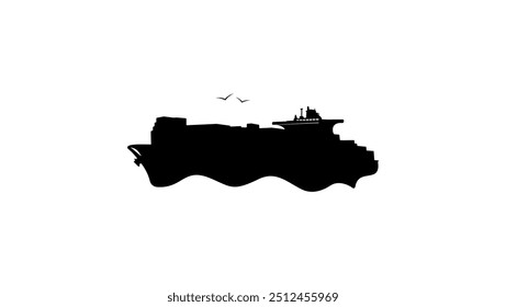 Navio de carga no oceano, silhueta preta isolada