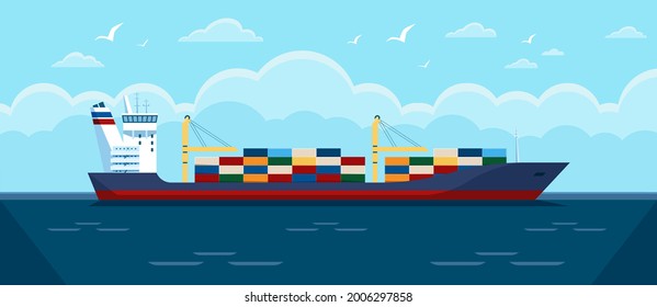 Cargo ship in ocean. Commercial freight vessel with containers in sea. Maritime commerce delivery, shipping industry vector illustration. Heavy industrial shipment, trade marine service