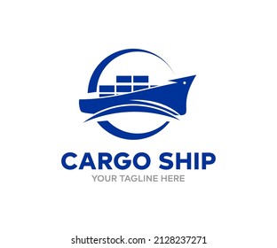 Cargo ship in the ocean, freight Transportation, shipping logo design. Nautical vessel, vector design and illustration.