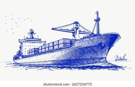 Navio de carga no oceano cheio de mercadorias esboço