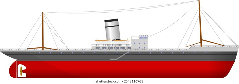 Cargo Ship. Old style cargo ship from the mid twentieth century. Side profile. Isolated vector illustration.