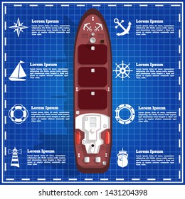 Cargo ship on a blue background. View from above. The template for the presentation. Vector illustration.