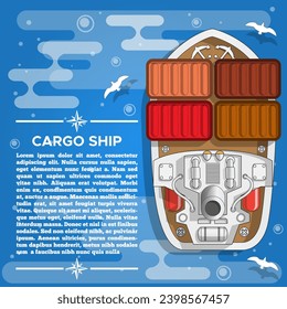 Cargo ship on a blue background. View from above. The template for the presentation. Vector illustration.