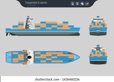 Cargo ship on a grey background. Top, side and front view. Container transport in flat style. Vector illustration