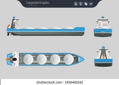 Cargo ship on a grey background. Top, side and front view. Container transport in flat style. Vector illustration svg