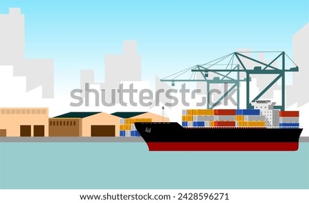 Cargo ship on the port with city background