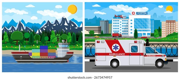Cargo ship on the water with a background of mountains and trees. Ambulance car on the road in an urban landscape.