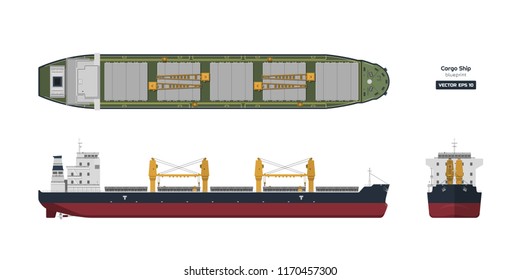 Cargo Ship On A White Background. Top, Side And Front View. Container Transport In Flat Style. Industrial Drawing Of Tanker. Vessel Blueprint. Vector Isolated Illustration