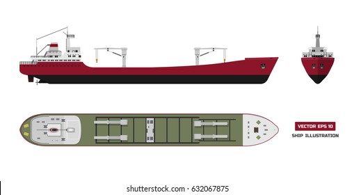 Cargo ship on a white background. Top, side and front view. Container transport in flat style. Vector illustration svg