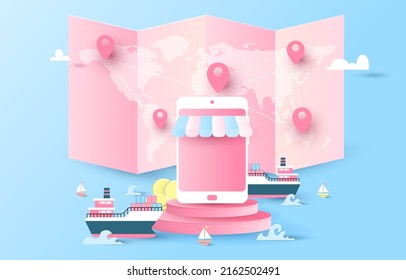 cargo ship and online shopping sale. blue background. decoration, world map, sale, Podium, smart phone, cargo ship. paper cut and craft style. vector art and illustration. 