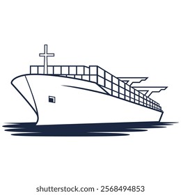 cargo ship outline, container ship line art, export ship vector and logo design icon
