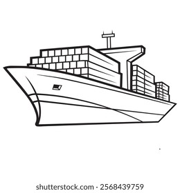 Cargo ship outline vector, container ship line art vector, export ship vector art