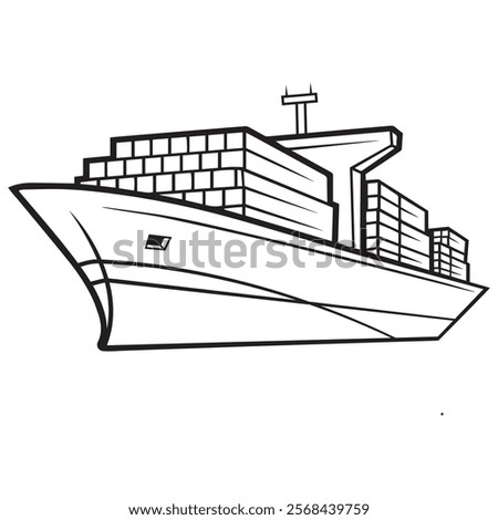 Cargo ship outline vector, container ship line art vector, export ship vector art