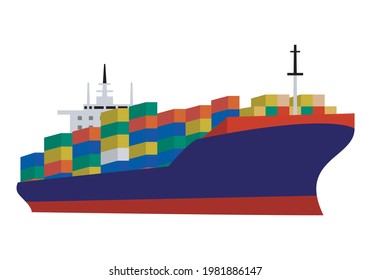 Cargo ship packed with freight containers, stacked on white background