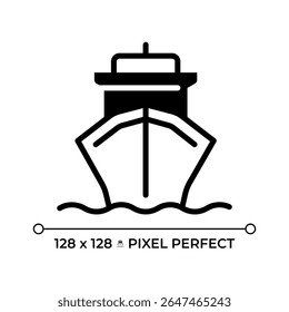 Cargo ship pixel perfect glyph solid icon. Maritime transportation. Freight vessel shipping goods by sea. Logistics. Black silhouette symbol on negative space. Vector isolated illustration