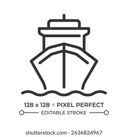 Cargo ship pixel perfect line icon. Maritime transporting servise. Freight vessel shipping goods by sea. Isolated vector illustration. Outline symbol. Simple linear drawing. Editable stroke