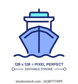 Cargo ship pixel perfect line color icon. Maritime transportation. Freight vessel shipping goods by sea. Logistic industry. Isolated vector illustration. Flat colorful symbol design. Editable stroke