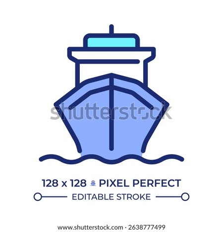 Cargo ship pixel perfect line color icon. Maritime transportation. Freight vessel shipping goods by sea. Logistic industry. Isolated vector illustration. Flat colorful symbol design. Editable stroke
