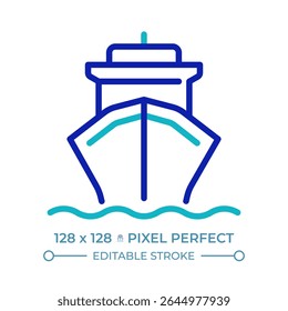 Cargo ship pixel perfect two color line icon. Maritime transportation. Freight vessel. Logistic industry bicolor outline symbol. Duotone linear pictogram. Isolated illustration. Editable stroke
