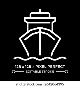 Cargo ship pixel perfect white line icon in negative space. Maritime transportation. Freight vessel shipping goods by sea routes. Monochrome linear symbol on black background. Editable stroke
