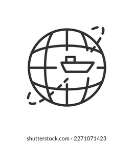 Cargo ship and planet, linear icon, logistics around the world. Line with editable stroke
