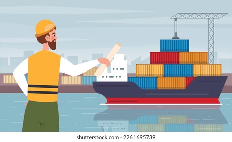 Cargo ship port banner. Man looks at ship with colorful containers. Import and export inspection, worker in protective helmet. Global trade and transportation. Cartoon flat vector illustration