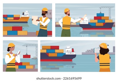 Juego de banners para el puerto del barco de carga. Transporte y logística, entrega de mercancías. Hombres y mujeres con cascos protectores revisan buques con contenedores coloridos, trabajadores en puerto. Dibujo vectorial plano de dibujos animados