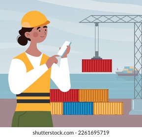 Cargo ship port banner. Worker in protective helmet, inspector evaluates transportation colorful containers and work of crane. Globalization, trade and logistics. Cartoon flat vector illustration