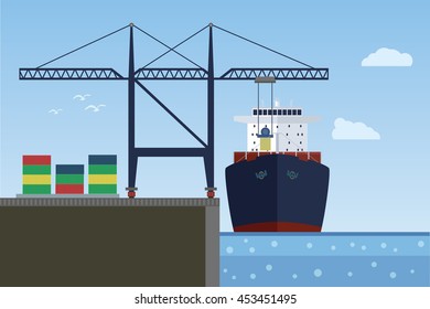 Cargo ship in the port. Crane loading ship. Vector illustration.