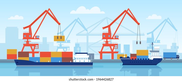 Cargo ship in port. Delivery maritime transport with containers loading in harbour with crane. Flat logistic or import by sea vector concept. Industrial port with crane and delivery transportation
