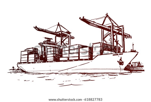 Cargo Ship Port Hand Drawn Sketch Stock Vector (Royalty Free) 618827783