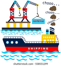 cargo ship in a port, vector cartoon illustration