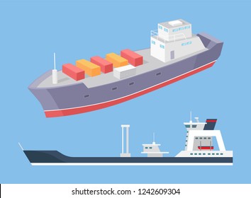 Cargo ship and rescue police boat marine vessels vector icons isolated on blue. Transportation boat full of containers export goods, shipping and delivering