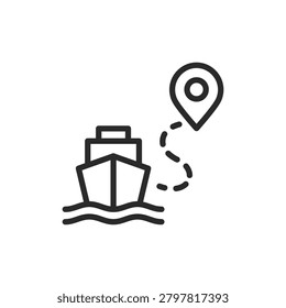 Cargo ship route, linear icon. Maritime logistics and sea transportation tracking. Line with editable stroke.