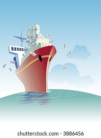 Um navio de carga está navegando cheio de dinheiro.