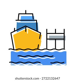 Frachtschiff, das auf blauem Wasser in der Nähe eines Hafenpiers segelt und die globale Logistik, die Seeschifffahrt und den internationalen Güter- und Güterverkehr repräsentiert
