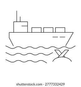 Cargo ship sailing on waves with a naval mine or sea barrier icon. Represents maritime security, international shipping, naval warfare defense, and harbor protection. Professional minimalist outline style for naval history, maritime logistics, and defense industry graphics.Editable stroke, Vector illustration, Line art Icon, Symbols.