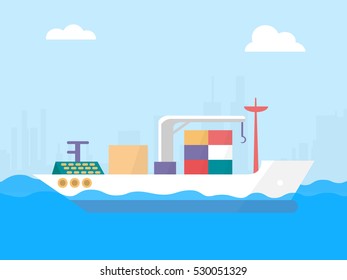 Cargo ship sails on the river. Against the background can be seen the silhouette of the city