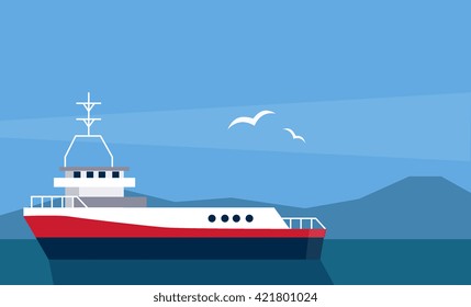 Cargo Ship At The Sea Flat Bright Color Simplified Vector Illustration In Realistic Cartoon Style Design
