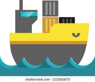Cargo ship in sea waves. Yellow ship with containers
