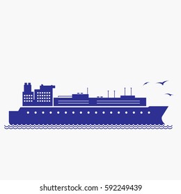 Cargo Ship and Seagull Icon. Flat Isolated  Graphic Vector Silhouette Symbols. Blue Colors