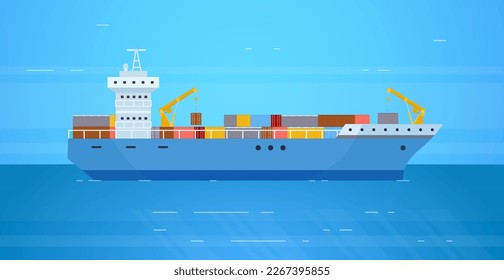Frachtschiff Seehafen. Frachtschiff für internationale Logistikcontainer oder Exportversand, Schiff in Seeschiffen auf Seewassertransport Vektorgrafik Containerfrachtfracht