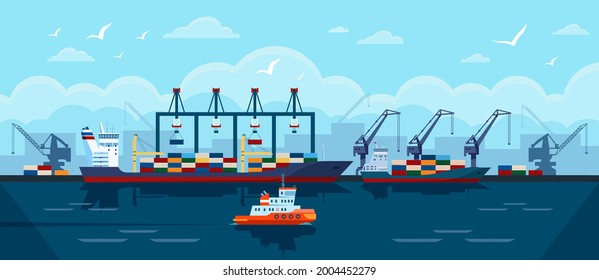 Cargo ship in seaport. Industrial freight vessel with shipping containers docked at port. Sea transportation industry vector illustration. Export and import business and commercial shipment