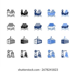 Barco de carga, contenedor de envío, envío, puerto, conjunto de iconos de estilo múltiple.