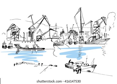 Cargo, ship, shipyard,  sketch. Hand drawn landscapes with  views of the sea and ships. Crimea. Travels. Tourism.