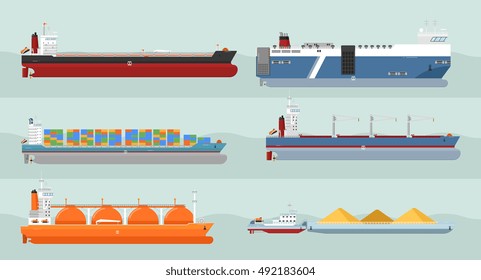 Cargo Ship Side View. Detailed Cargo Ship Vector Isolated. Global Cargo Shipping Concept. Ferry Ship