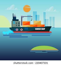 cargo ship with silhouette city background - vector illustration