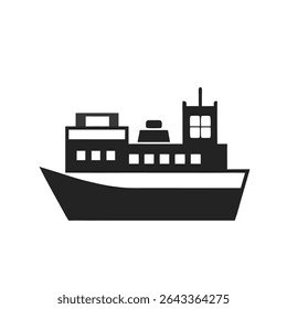 Cargo Ship Silhouette Icon on White Background for Shipping, Logistics, and Maritime Transport Concepts
