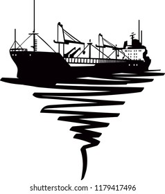 Cargo Ship Silhouette with Ink Squiggle 