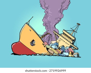 Navio de carga afundando. Um navio quebrado e destruído. Problemas econômicos de logística. Desenho animado pop art retro vetor ilustração desenho à mão